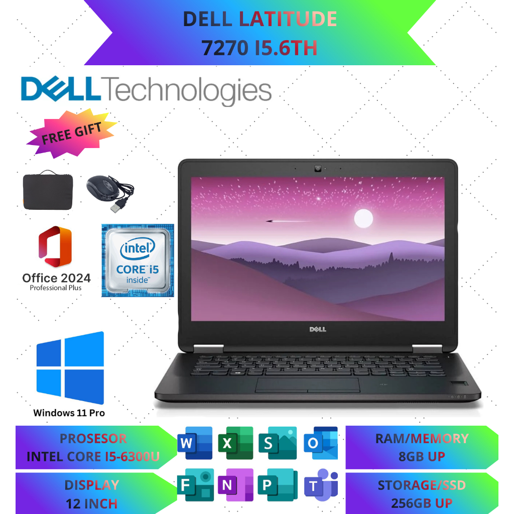 LAPTOP DELL 7270 CORE I5 GEN 6 RAM 8GB/256SSD WINDOWS 11 PRO LAYAR 12 INCH FULLSET