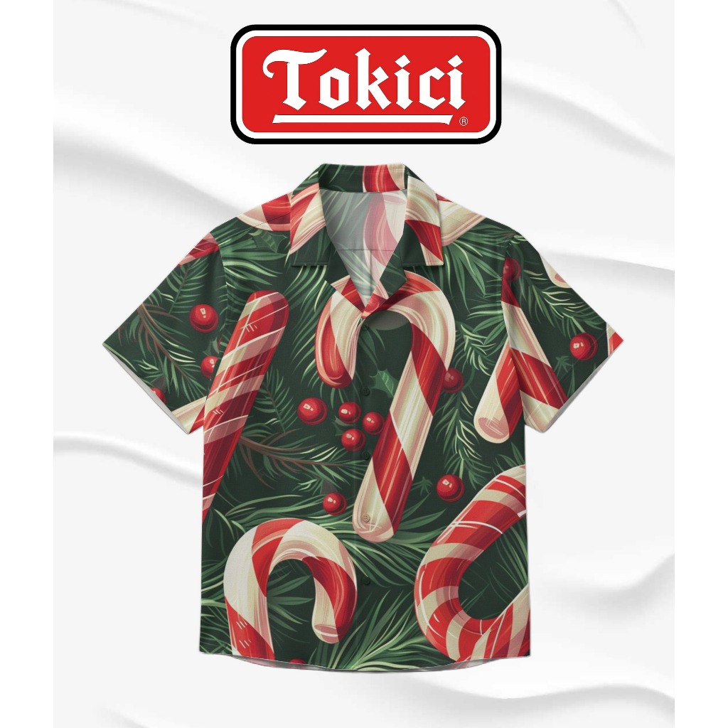 Tokici Kemeja Pria Cuban Collar Lengan Pendek Fullprint Motif Candy Cane Natal Merah Hijau | TC29