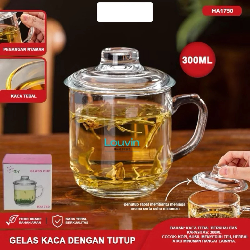 LOUVIN GELAS KACA MUG CUP KOPI TEH + TUTUP KACA / GELAS CANGKIR TEH SEDUH REMPAH GELAS KACA TEBAL