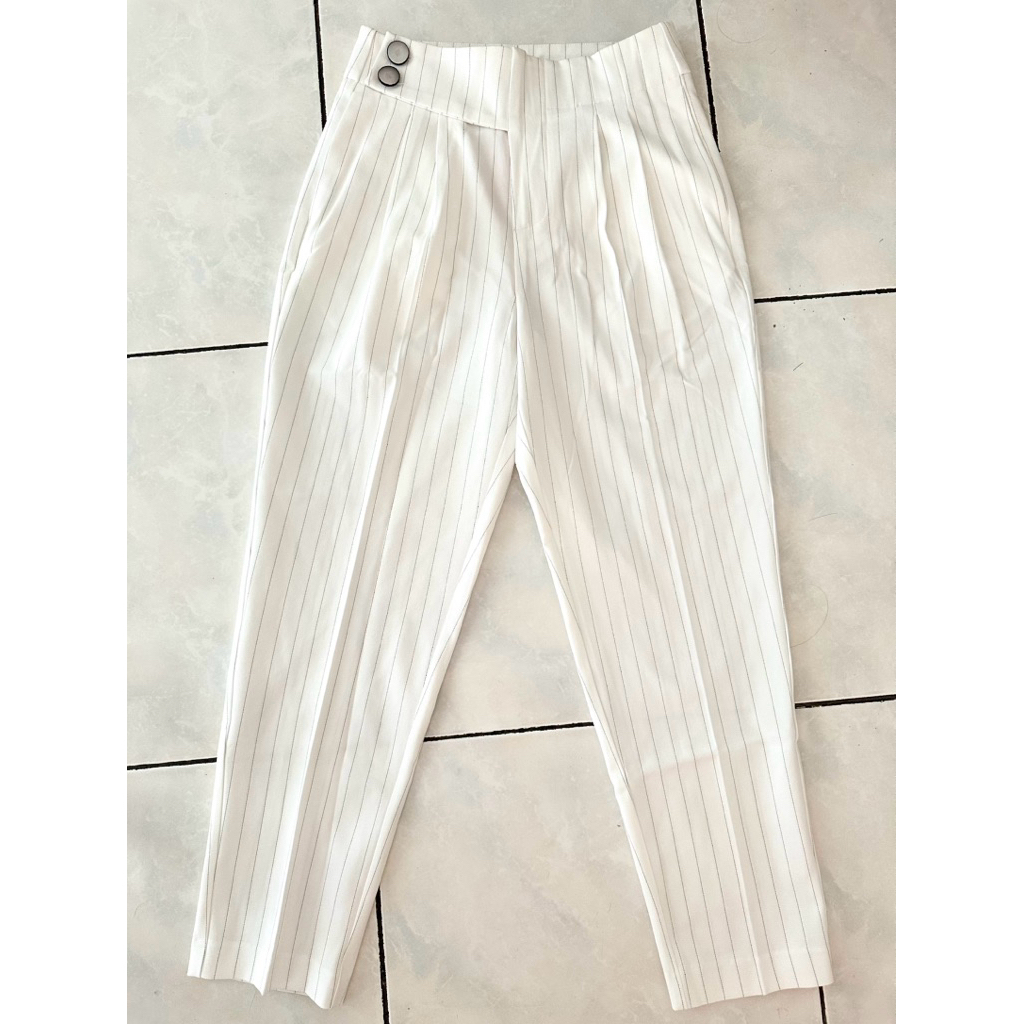 (NEW WITH TAG) Nikkou White Stripe Highwaist Pants Celana Putih Garis Size S | New PL Preloved petit