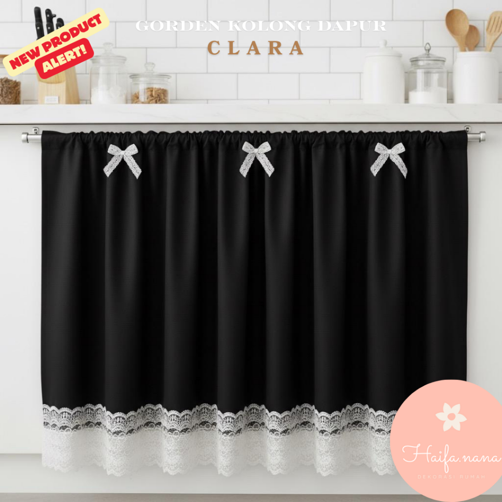 Gorden Kolong Dapur model Clara- Tirai Kolong hiasan Renda dan pita.