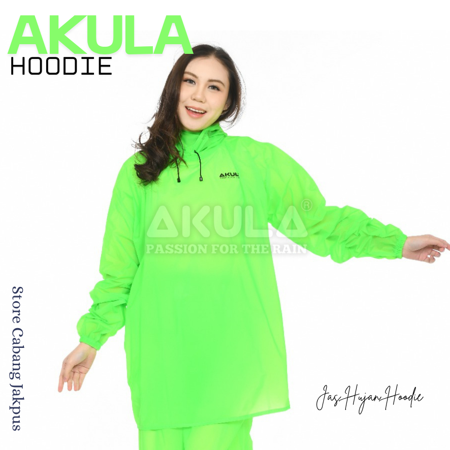 Jas Hujan Hoodie Akula Anti Rembes Pria Wanita Warna Hijau Stabilo