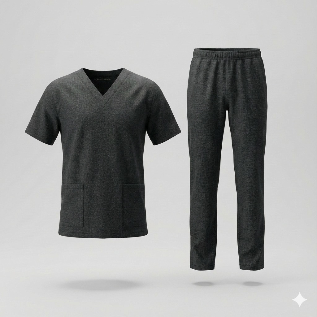 Setelan scrub / Baju jaga / Baju dokter lengan pendek kerah v bahan softjeans warna hitam 2211