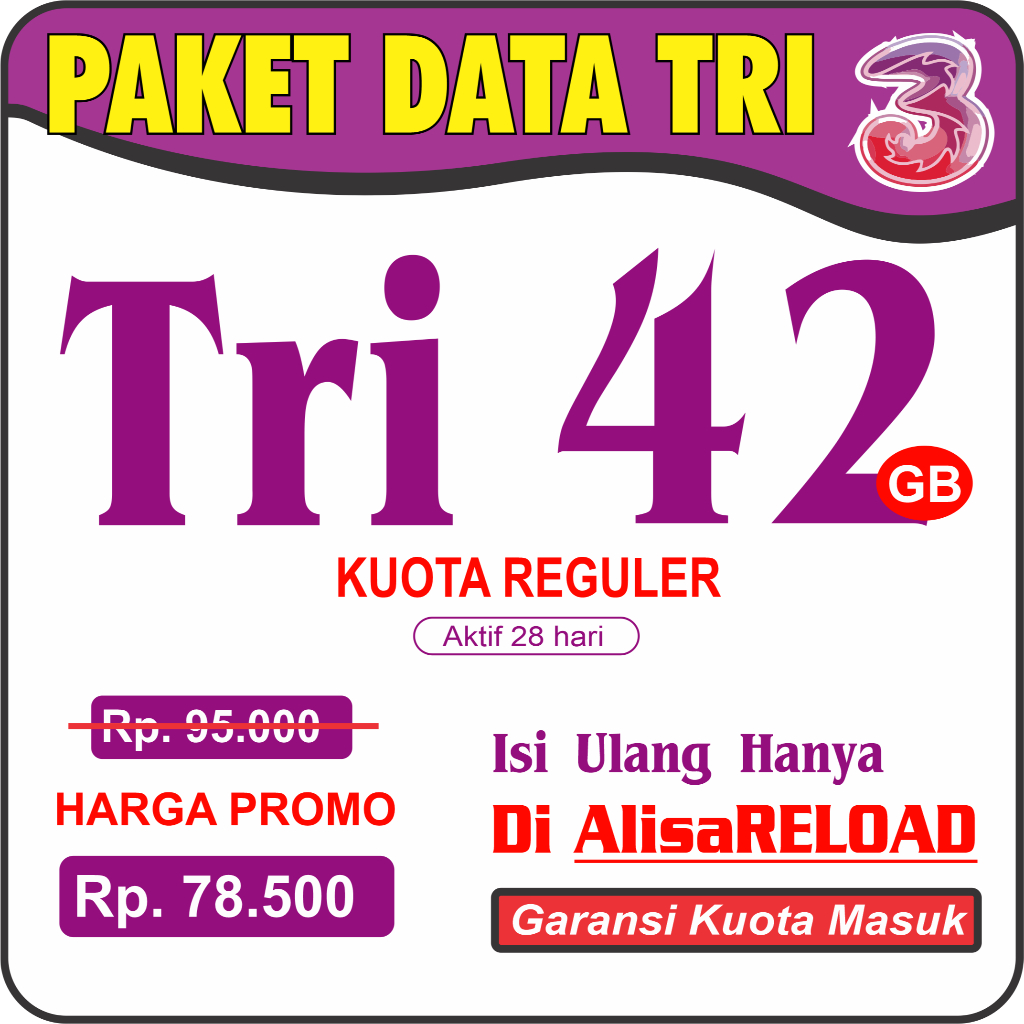 (NASIONAL) KUOTA TRI 4G LTE FULL 24 JAM 33GB 32GB PAKET DATA TRI 3 THREE VCR TRI 66GB