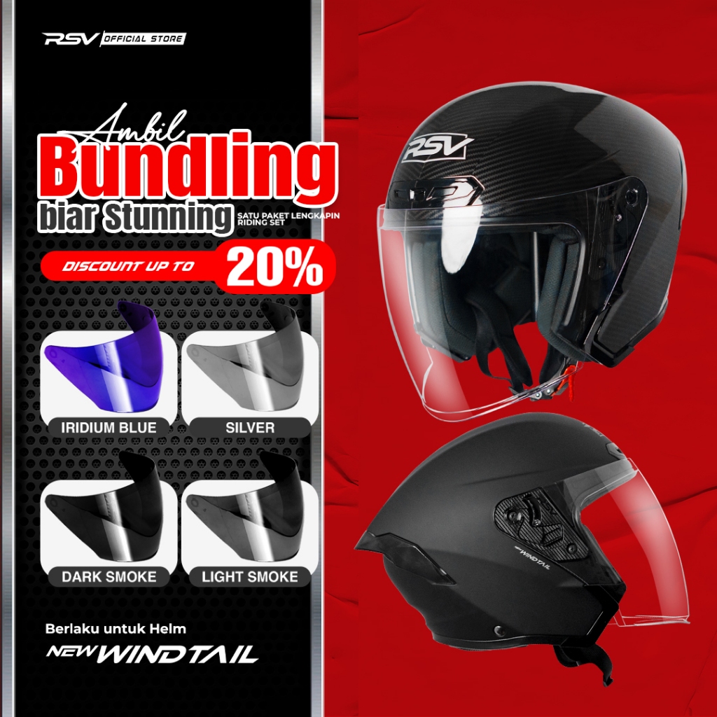 (Bundle) Helm RSV New Windtail Series + Extra Visor Warna (Smoke/Iridium) – Half Face Unisex RSV