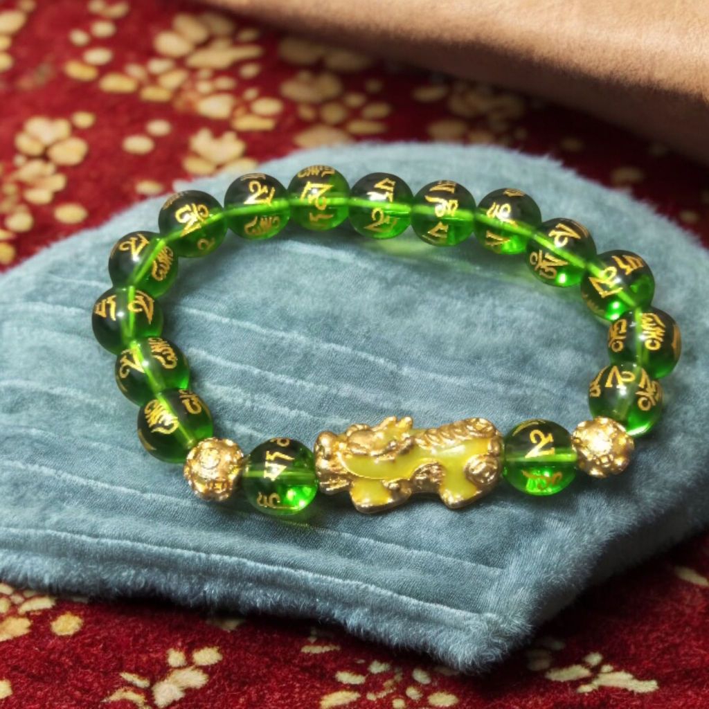 Gelang Pixiu Emas Naga Kristal Hijau uk 10 mm