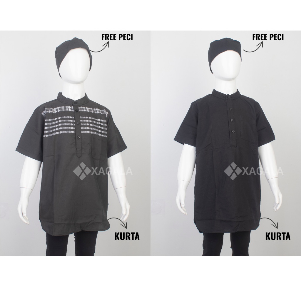 KURTA ANAK LAKI LAKI BAJU KOKO ANAK DAN PECI LENGAN PENDEK HITAM PIERRE GRUNO