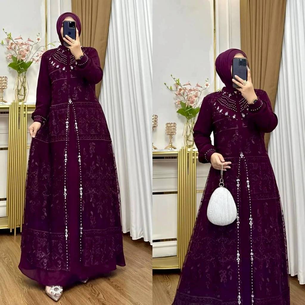 Gamis Wanita Model Terbaru Trend 2026 Aqila Dress Kondangan Ceruty Babydoll Dress Elegan Burgundy