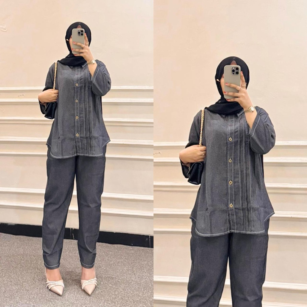 set celana kemeja jeans terbaru by jevani
