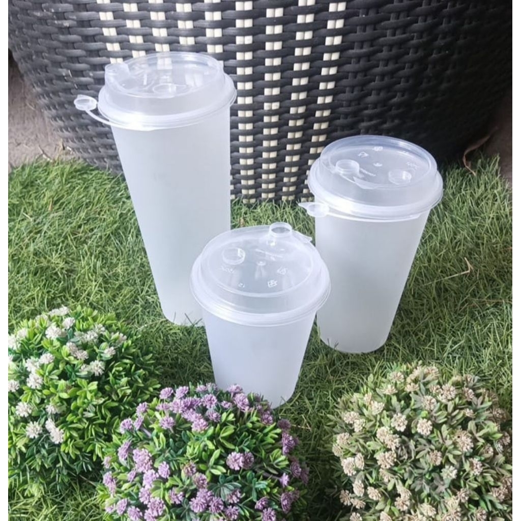 (Eceran) Gelas+Tutup PP injection Uk: 12oz, 16oz, 22oz/Gelas Plastik Injection/Thinwall Gelas
