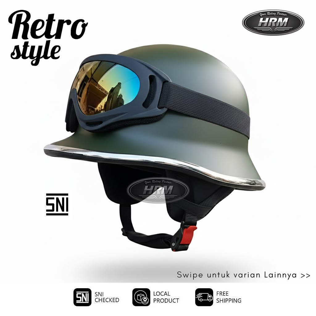 Helm Retro Half Face Nazi Black Glossy Free Stiker