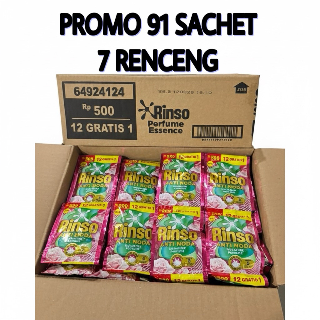 91 SACHET RINSO CAIR ANTI NODA 500 RINSO WANGI RENCENG