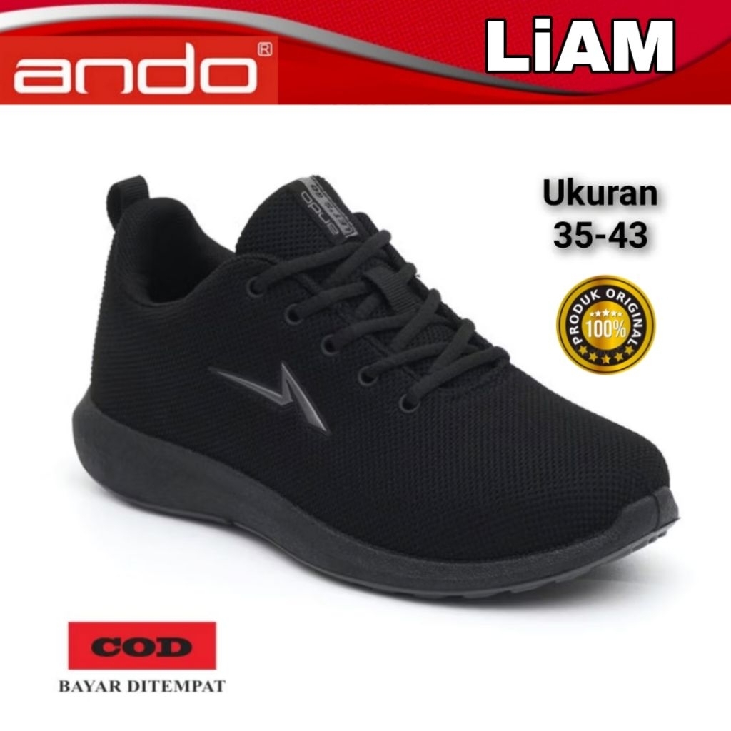 ANDO Sepatu Sekolah Kuliah Kerja Pria Tali Hitam Putih Karet Original Kekinian 39 sd 43 Black White