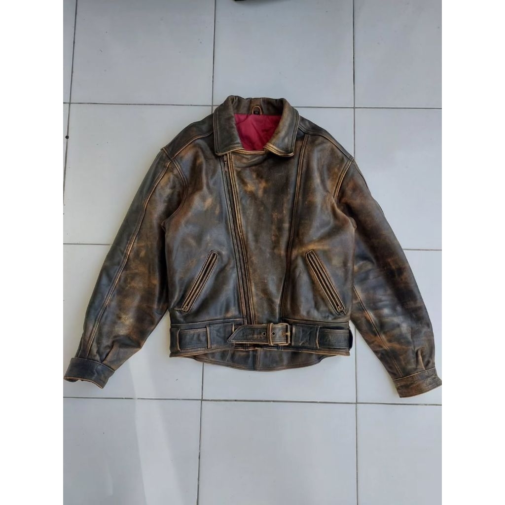 Road By Polo Vintage Leather Jacket Biker Ramones Classic Retro Rugged Style Jaket Kulit