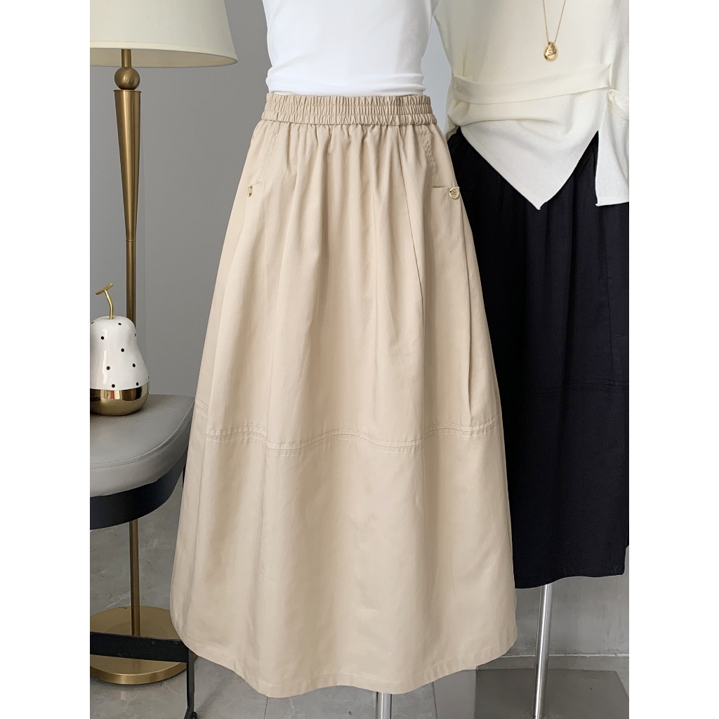 Rok Midi Wanita Warna Polos Santai Gaya Korea Warna Khaki Baru dengan Pinggang Tinggi
