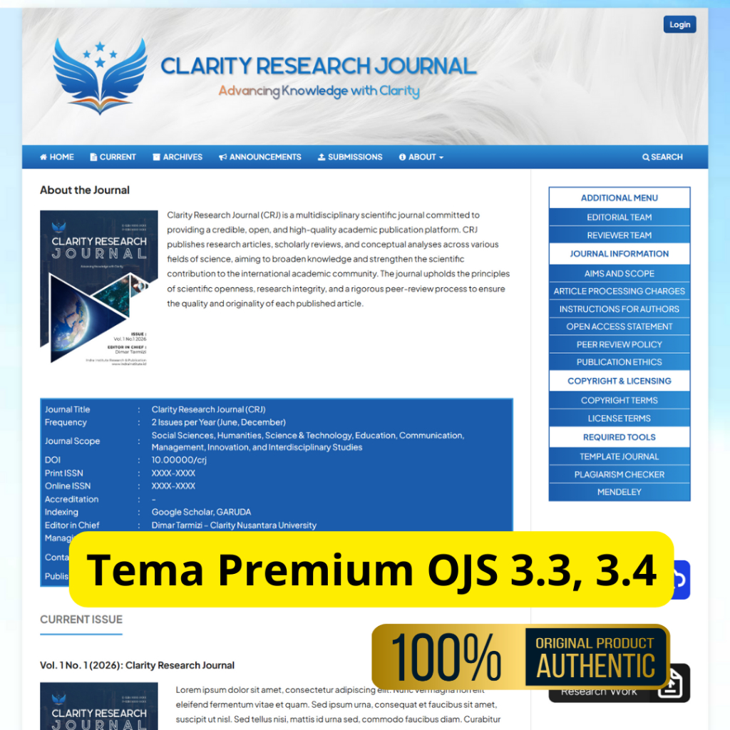 Clarity Manuscript – Premium Theme OJS 3.3 & 3.4 – Tema Web Jurnal OJS Premium Murah Siap Pakai