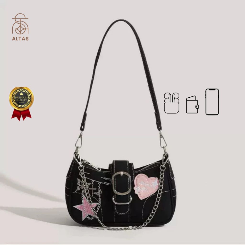 ALTAS-olya Tas Bahu Kanvas Wanita Retro Shoulder Bag Tas Cewek Love buterfly Rantai Slingbag Underar