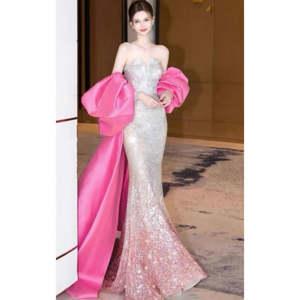 gaun pesta model siren/gaun malam glamour/gaun pesta silver pink/gaun preweeding import elegan/gaun 