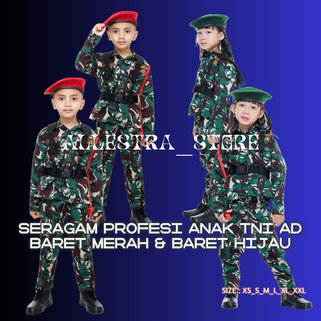 PROFESI TNI AD ANAK LORENG FULL SET BARET MERAH, BARET HIJAU, KOPEL DAHRIM,DAN SEPATU PDL.