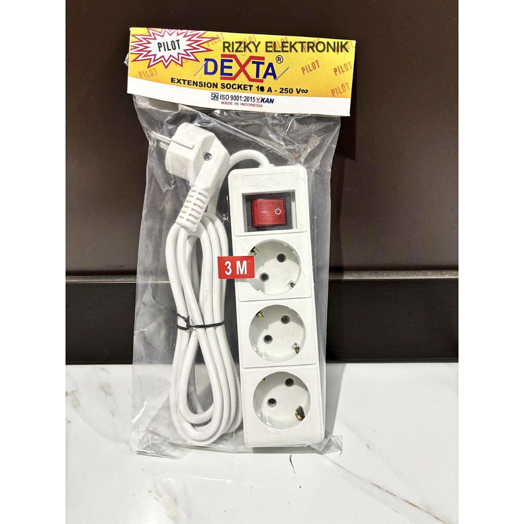 Stop Kontak Arde PILOT 3 Lubang + Saklar Nyala + Kabel 3 Meter DEXTA