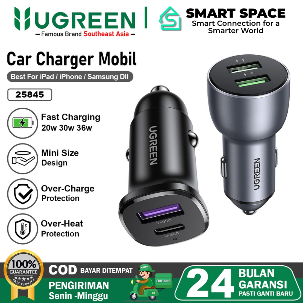UGREEN Car Charger Mobil Dual Port USB A + USB C Fast Charging 24W 36W - Garansi Resmi 2 Tahun
