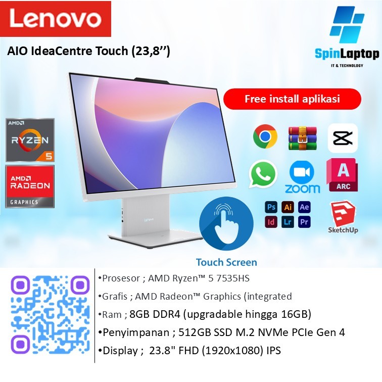 LENOVO AIO IDEACENTRE 24 TOUCH | AMD Ryzen 5 7535HS RAM 16GB SSD 512GB Layar Sentuh 23.8” FHD IPS