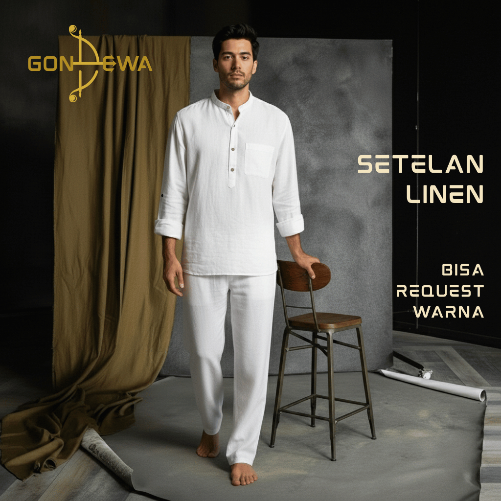 Setelan Linen Pria Homie, Kemeja dan Celana Linen Kasual Harian, Satu Set Big Size Custom Warna