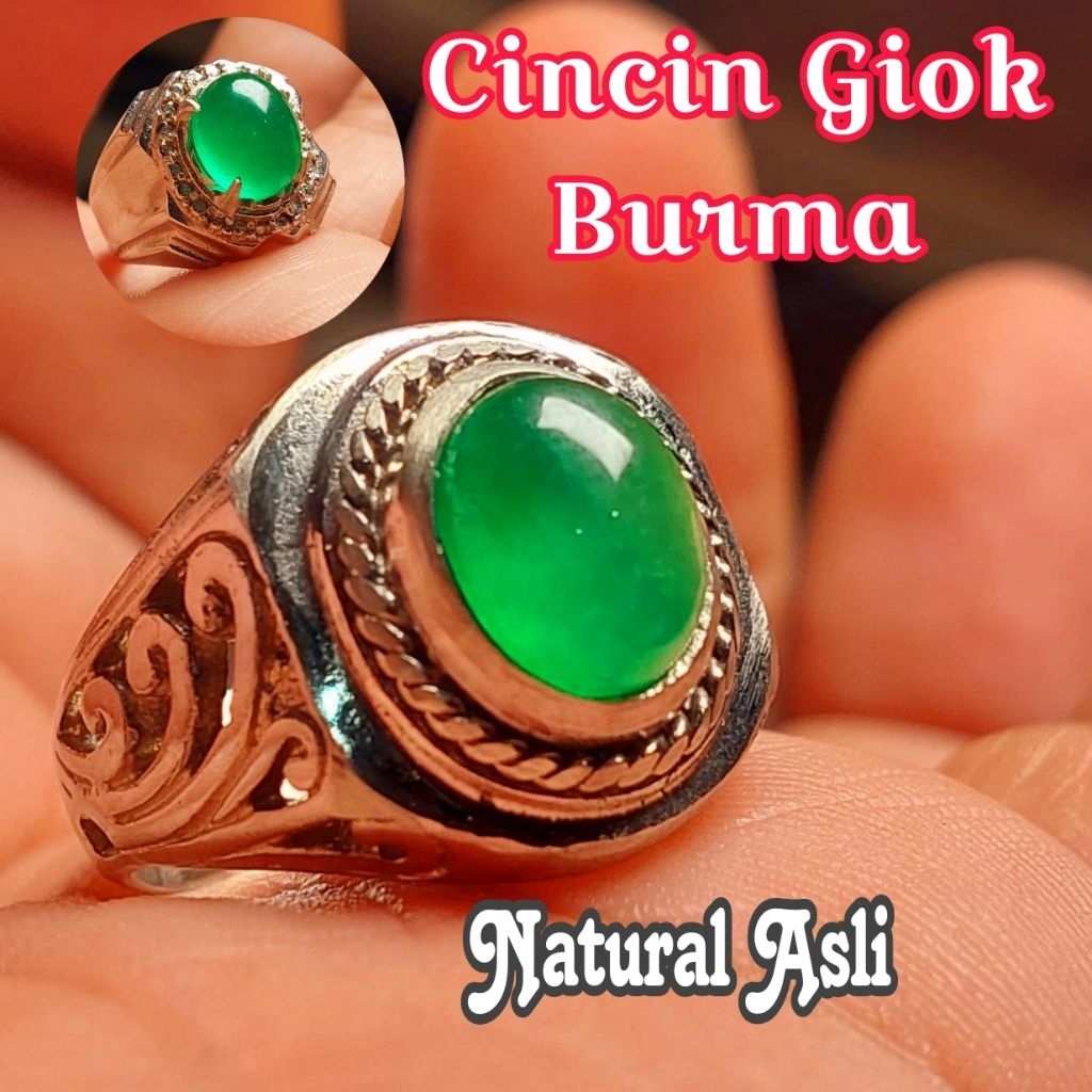 Cincin batu giok burma 10mm tipe C asli natural alam / jedait jade / green jade cincin akik pria