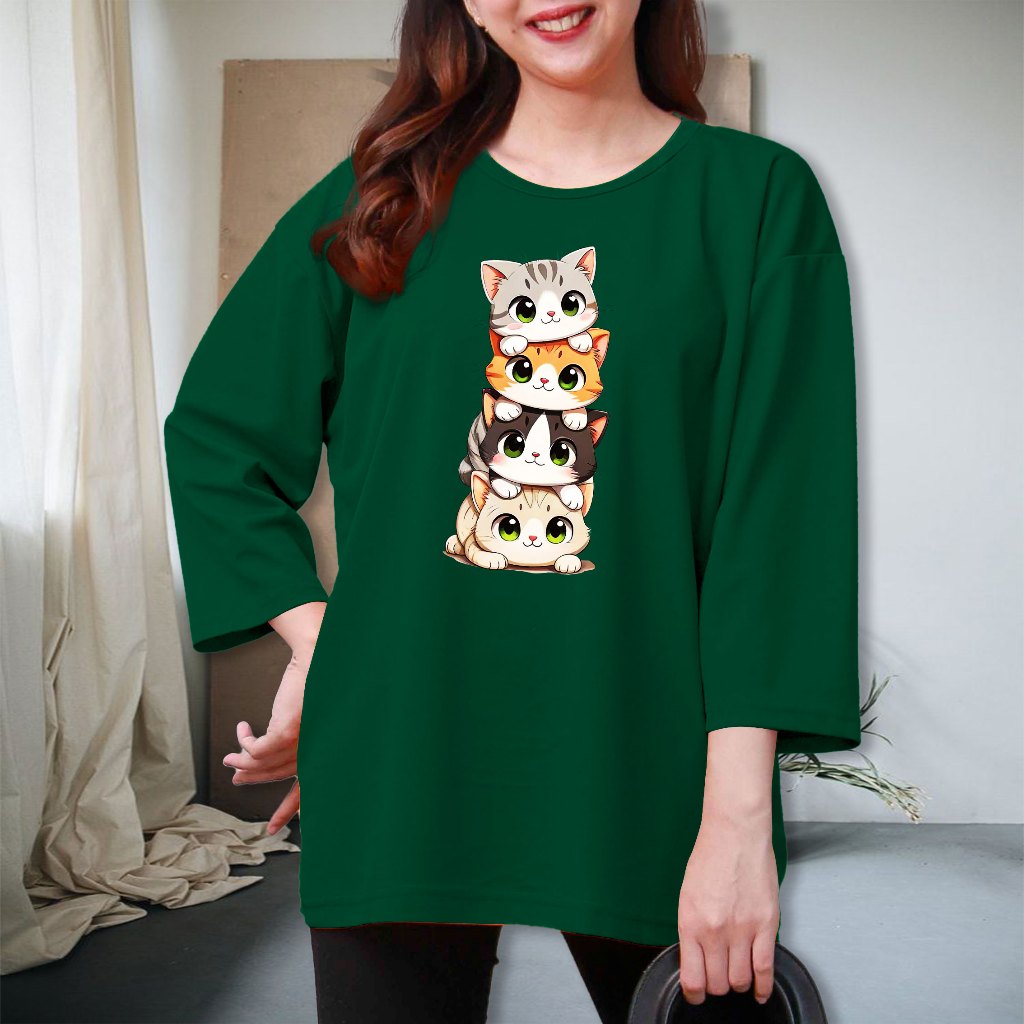 Kaos Atasan Oblong Wanita Jumbo Print Kucing Baris Bahan Voxy Ukuran Xxxl Oversize