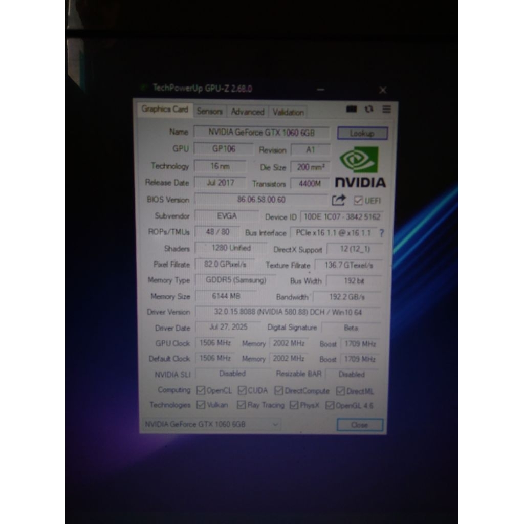 GTX 1060 6GB GDDR5 model Evga P106-100