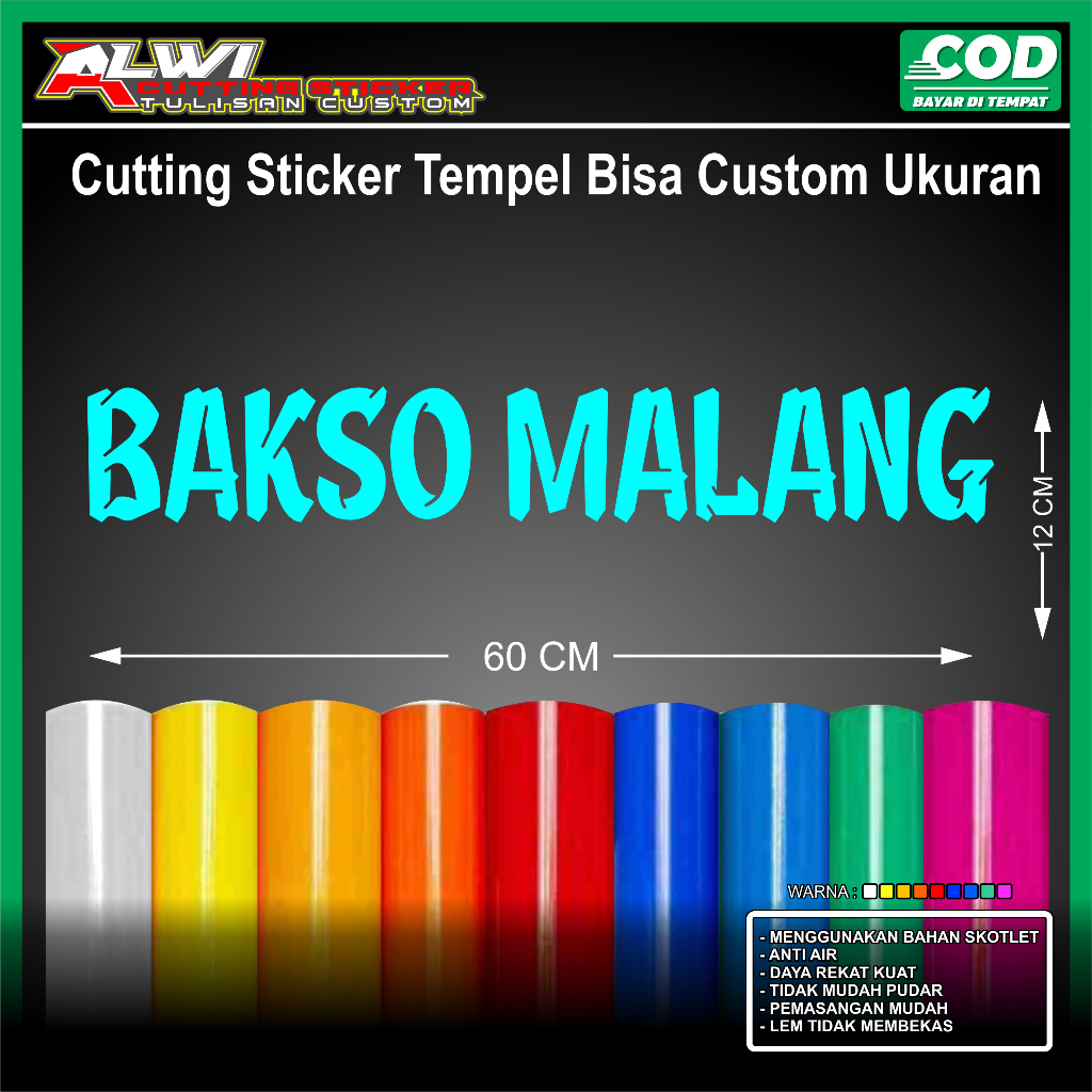 STIKER TEMPEL  BAKSO MALANG BAHAN SKOTLET ANTI AIR,DAYA REKAT KUAT JANGKA PANJANG