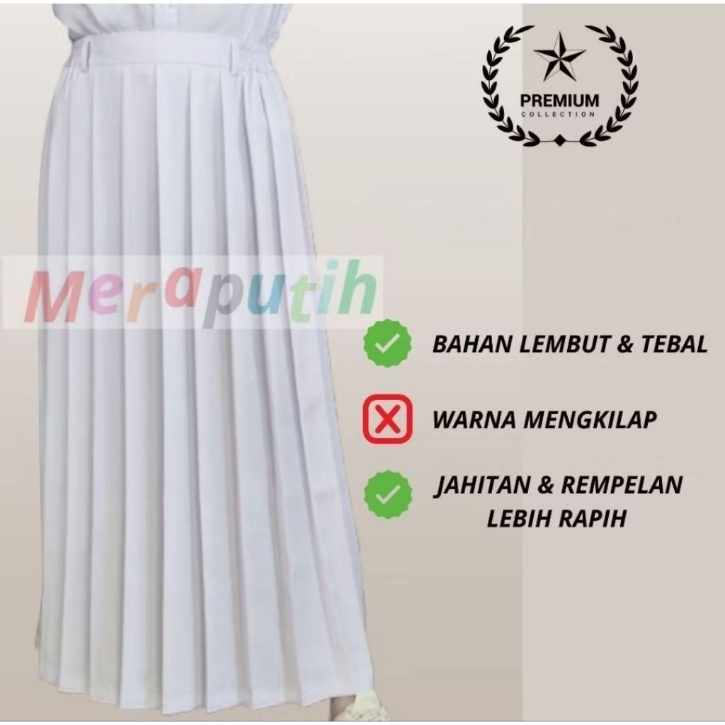 Rok Sekolah Panjang Rempel Putih SMP SMA Bahan Licin/Jatuh