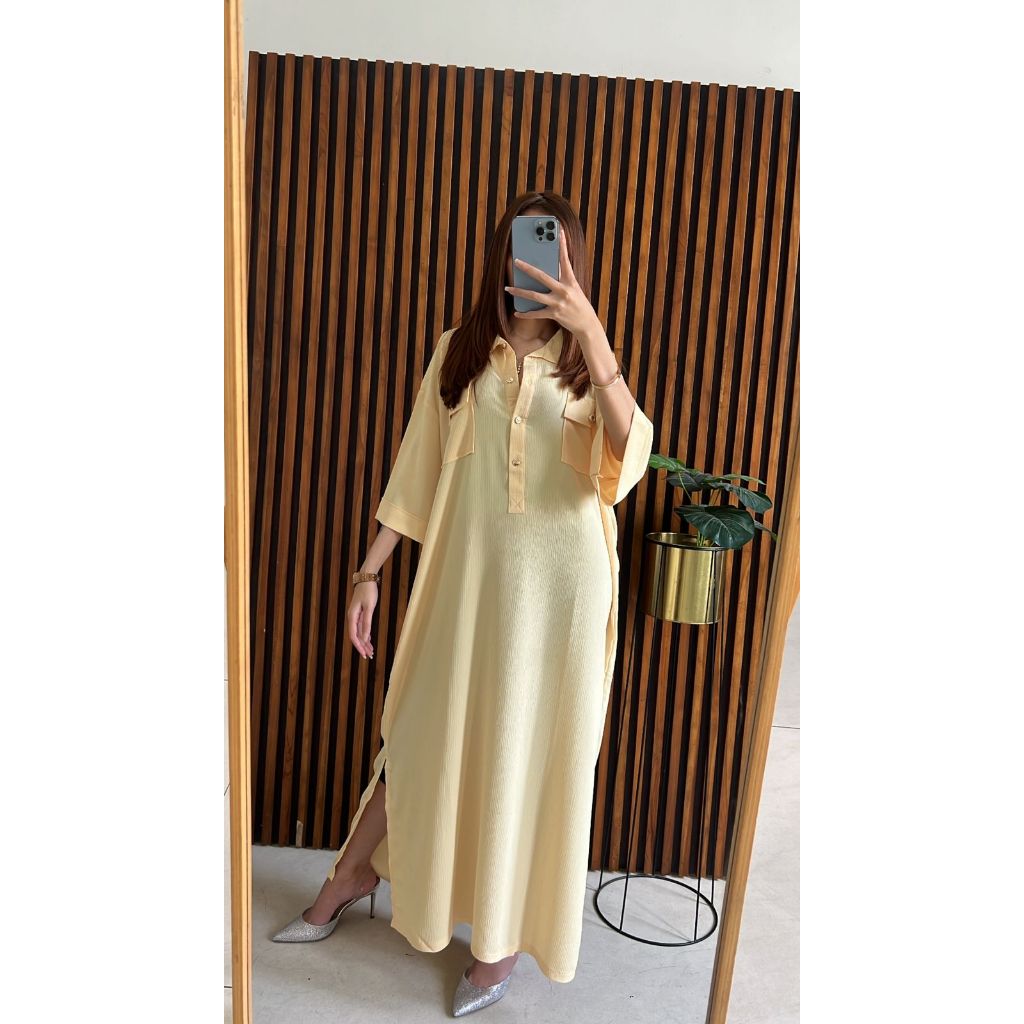 Kaftan Homedress Rayon Premium Polos Warna Butter - Tunik Model Kalong Busui Friendly Kekinian untuk