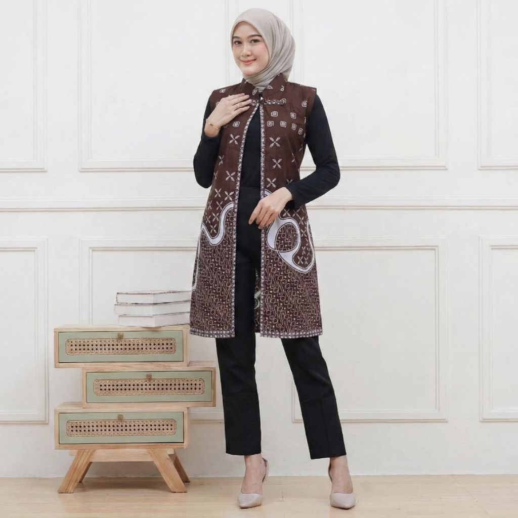 Blazer Batik Wanita Modern Atasan Outer Panjang Tanpa Lengan Bahan Karun