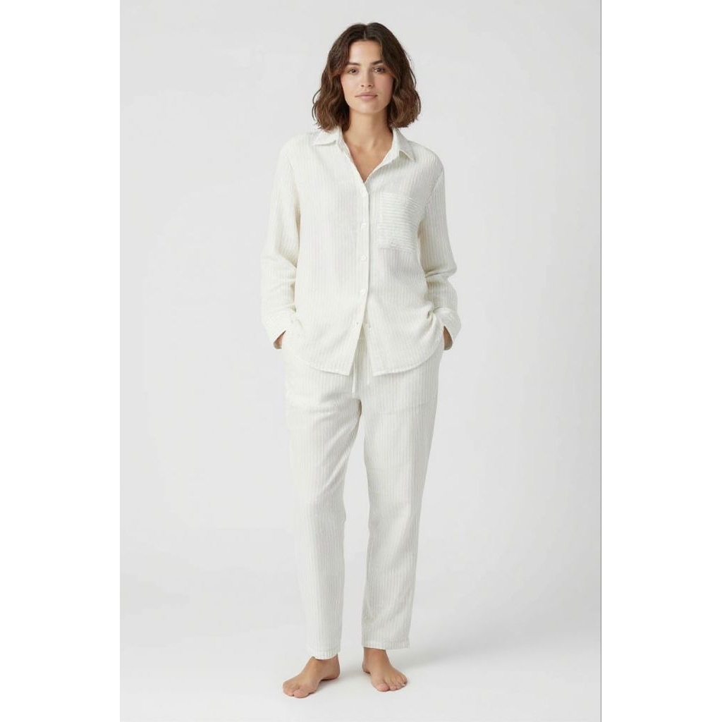 Setelan Wanita Crinkle Salur Motif Garis Celana Wanita