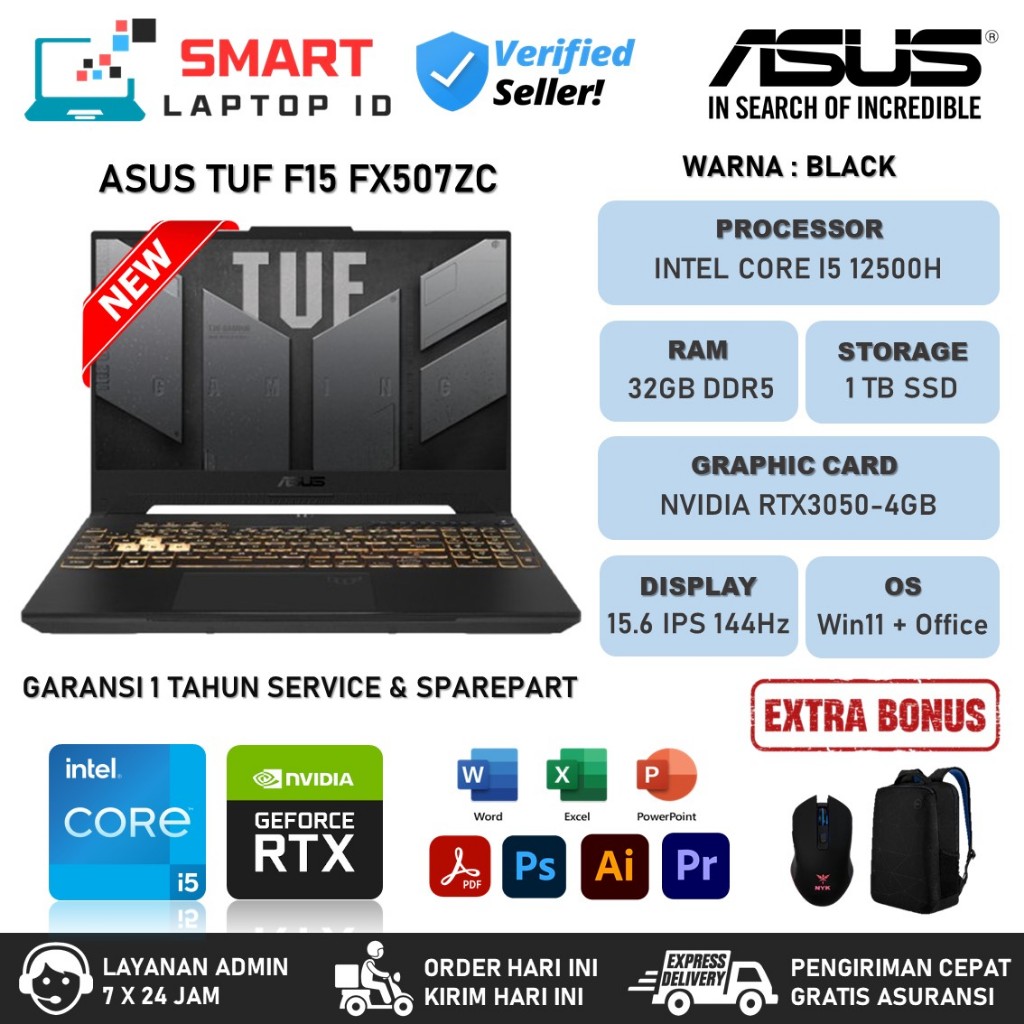 ASUS TUF DASH F15 FX507ZC Intel Core I5 12500H 32GB DDR5 1TB SSD RTX3050 FHD IPS 144Hz Windows 11