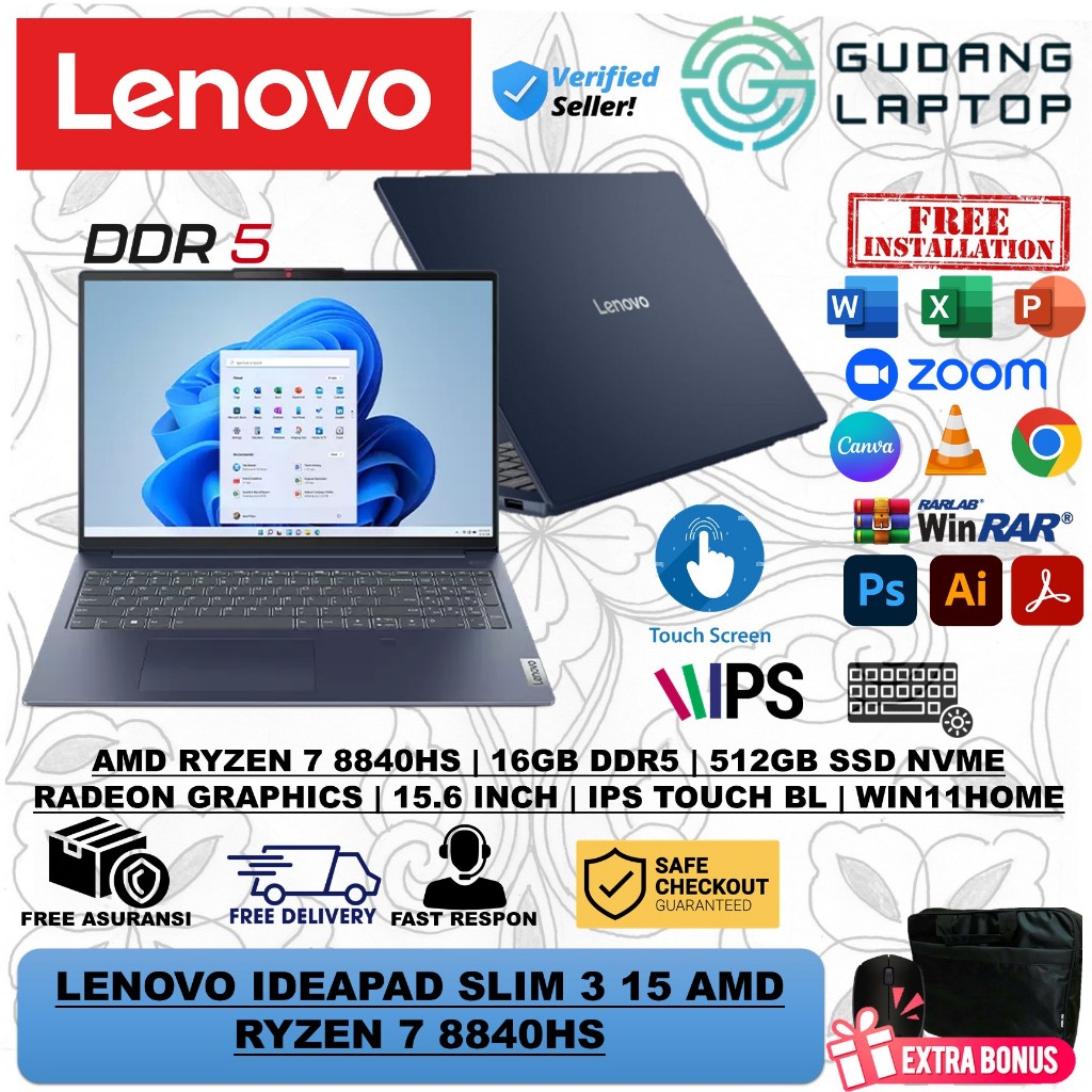 Laptop Lenovo IdeaPad Slim 3 15 Ryzen 7 8840HS 16GB RAM 512GB SSD WUXGA Windows 11