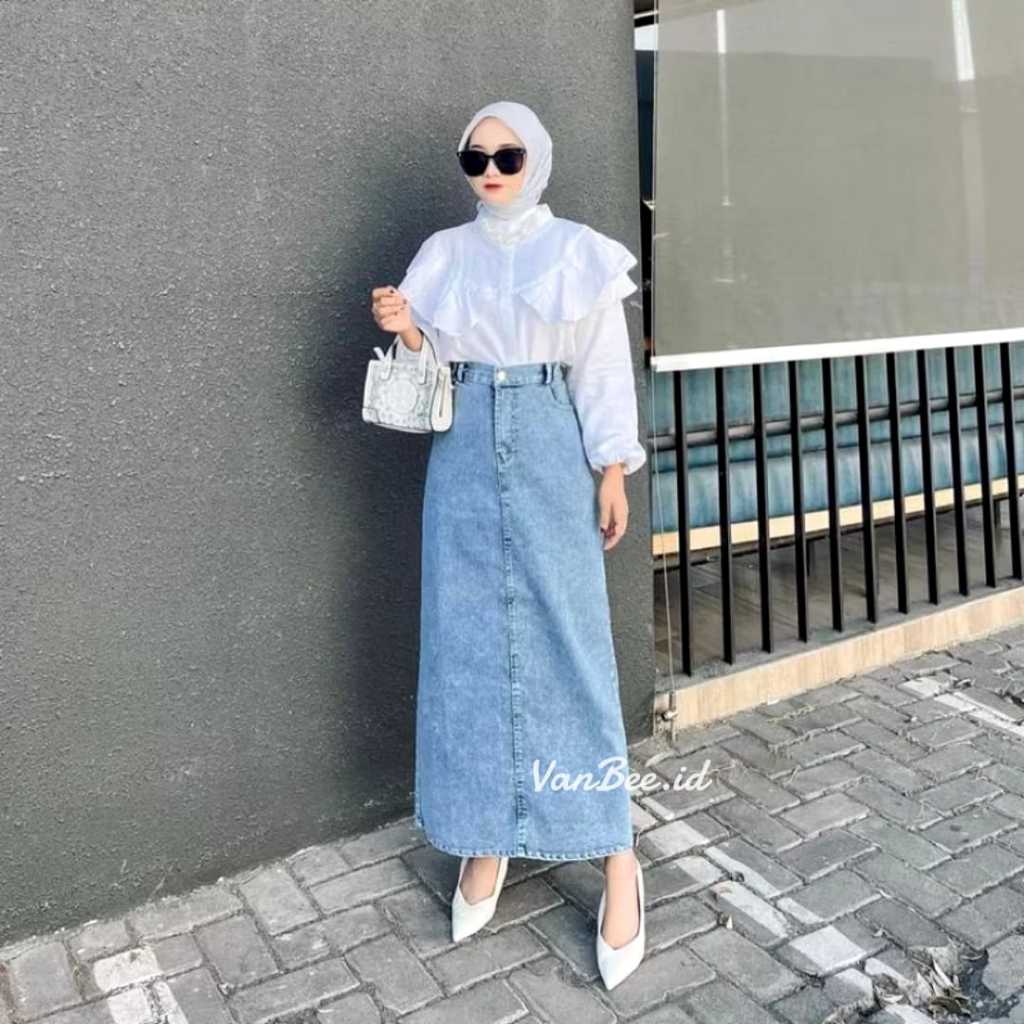 Theana Rok Jeans Belah Belakang - Rok Span Jeans Denim Standar Jumbo Muat BB 40 Kg - 80 Kg