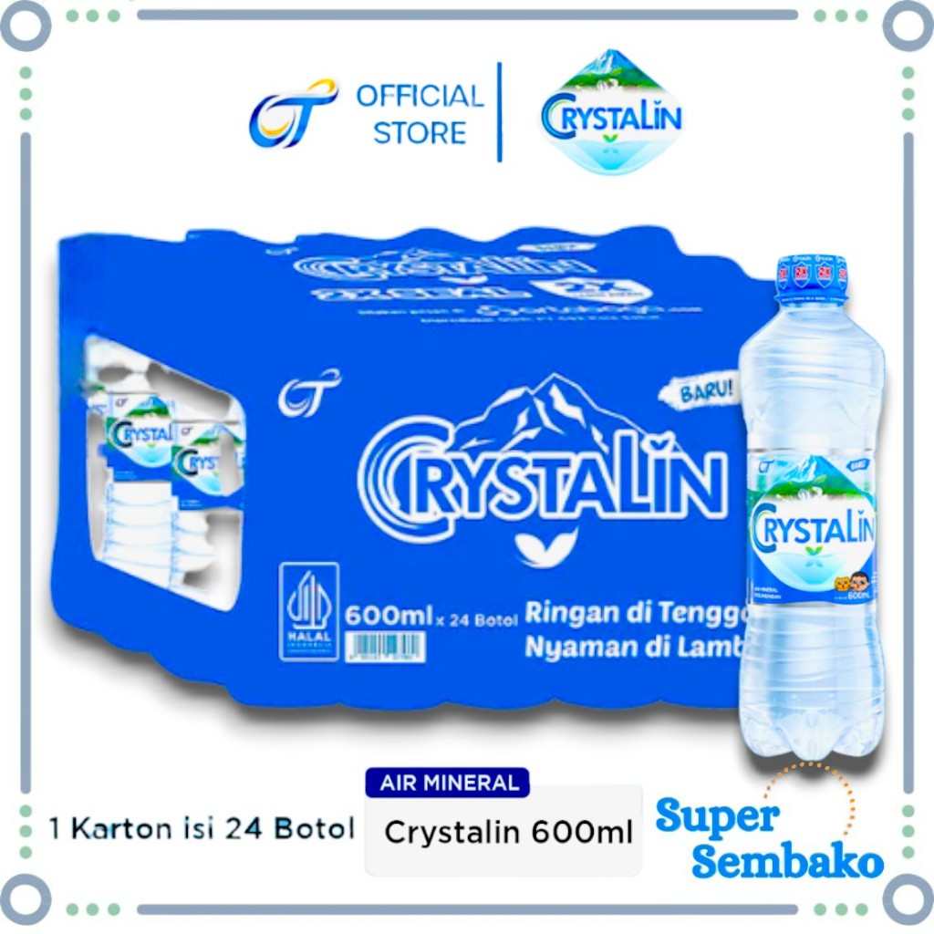AIR MINERAL CRYSTALIN BOTOL SEDANG 600ml PER DUS ISI 24 BOTOL MURAH INSTANT MAKASSAR