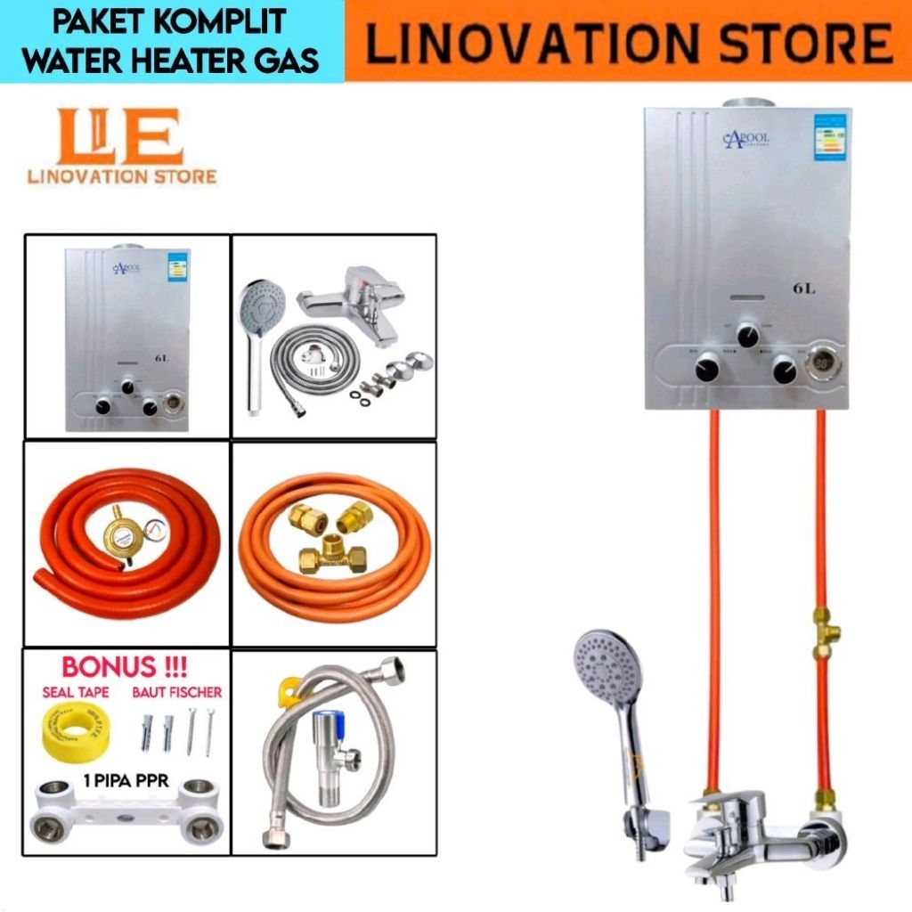 Paket Kran Mixer Komplit Water Heater Gas Keran Air Panas Dingin Kuningan Lengkap dengan Pipa Instal