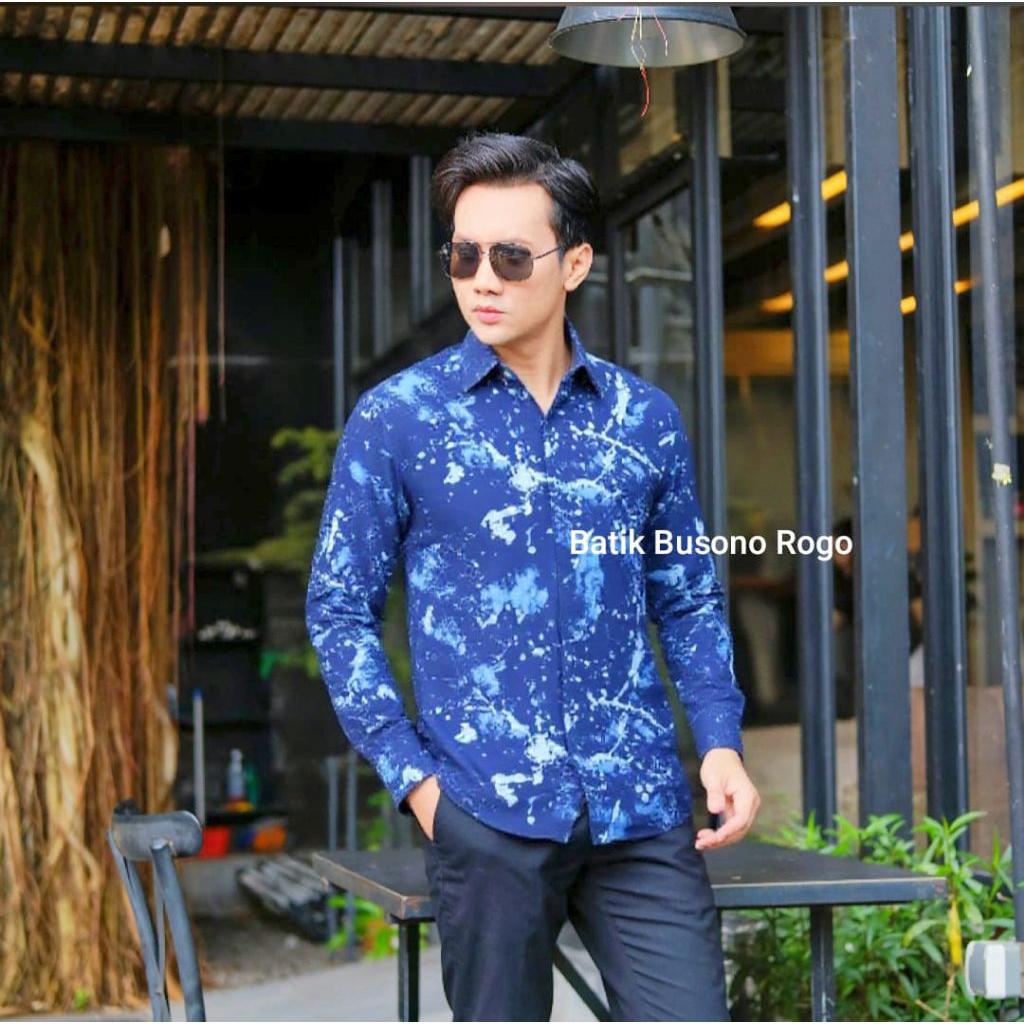 Baju Kemeja Batik Ciprat Lengan Panjang Pria Lapis Furing Slimfit Warna Biru