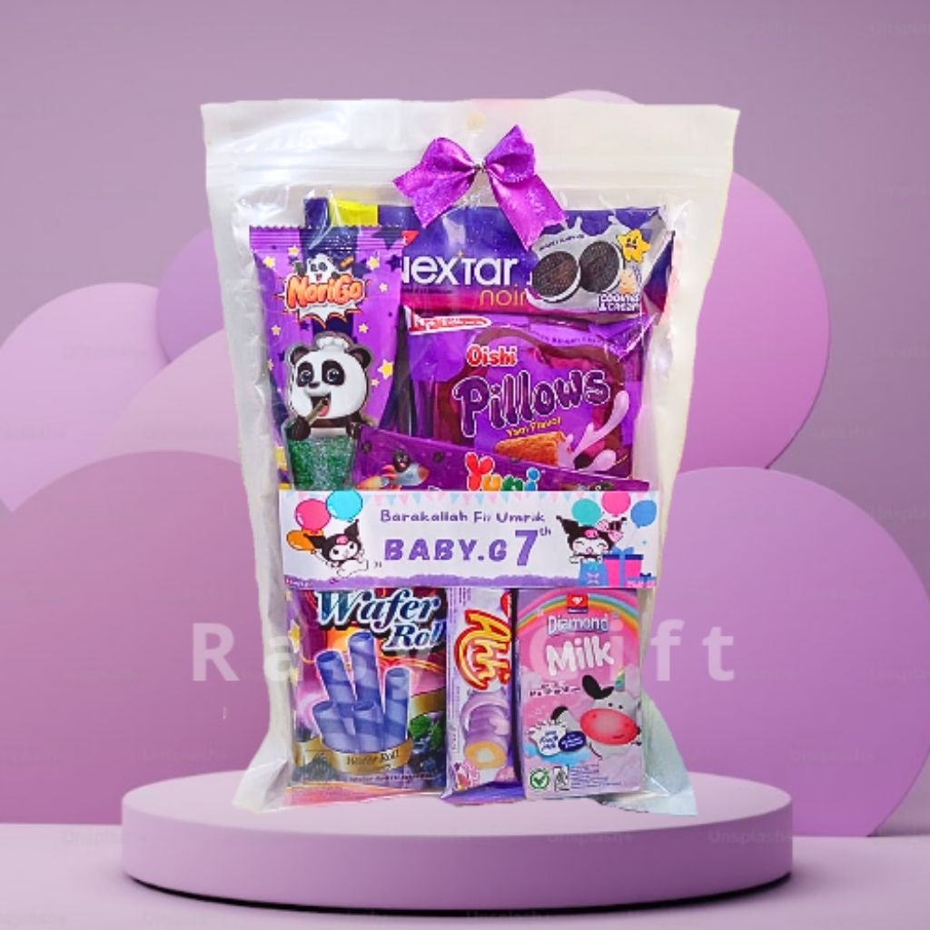Snack Ulang Tahun tema Ungu nextar / hampers ulang tahun/ Bisa instan