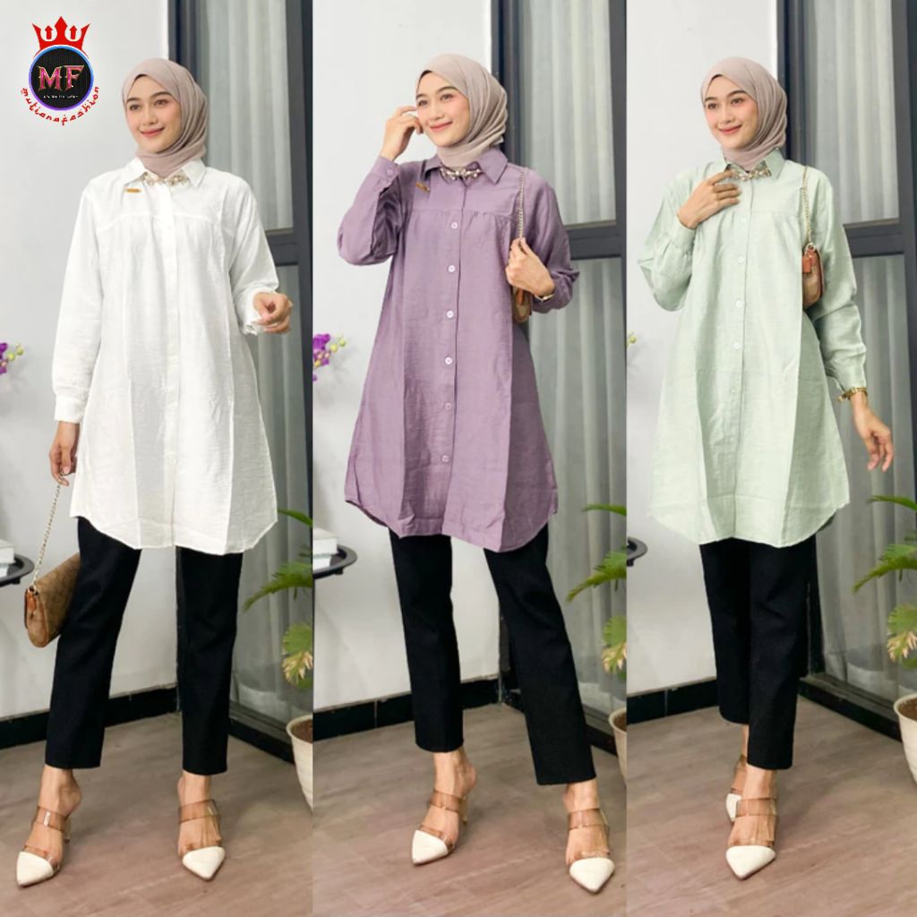 [ Mutiara Fashion ] Kameja Tunik Polo Linen Simpel Kancing Depan Lucu Premium Kekinian 2025