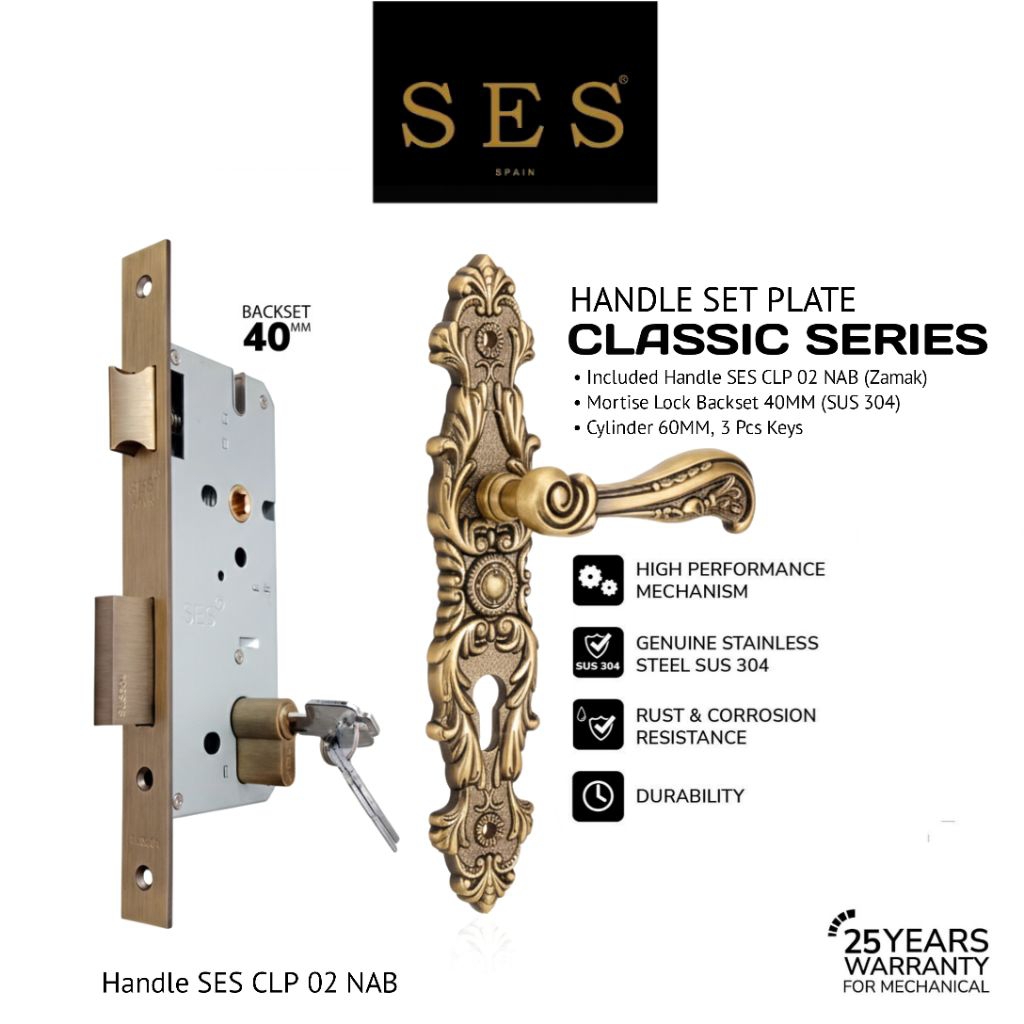 PAKET BUNDLING Handle SES CLP 02 NAB (P) + Body Kunci SES S2030 - 40 MM AB Sus 304