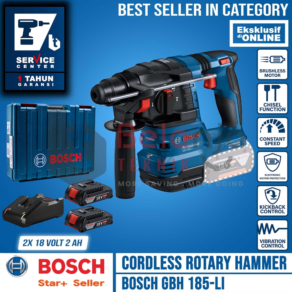 Bosch Rotary Hammer Cordless GBH 185-Li Bor Beton Charger Baterai 2 AH