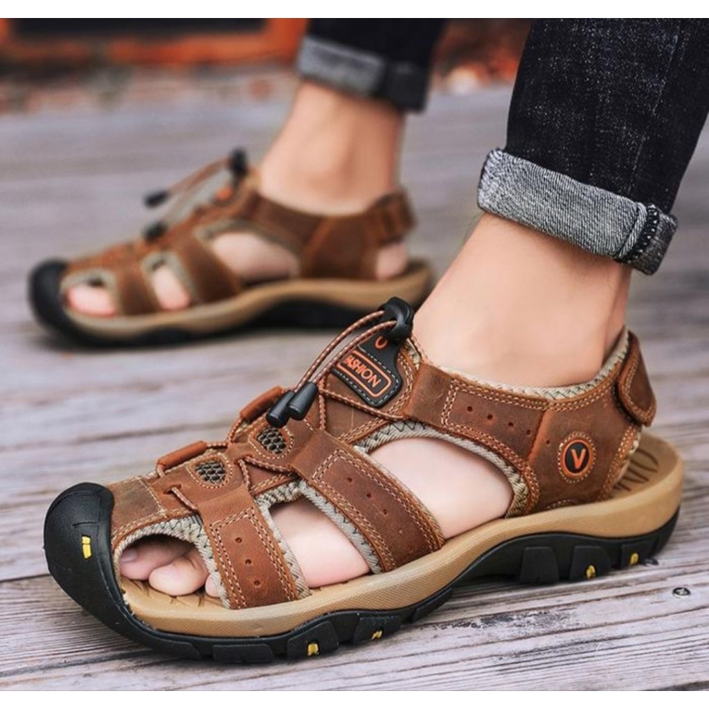 sandal Outdoor kulit pria 38 - 45 Sendal Gunung kulit pria Sepatu outdoor traking pria sepatu sandal