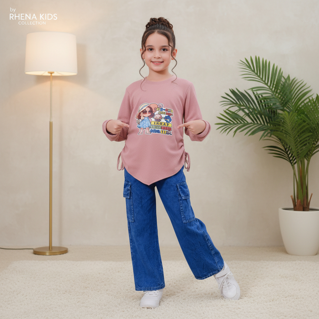 Stelan Knitt Anak Perempuan Kulot Jeans Cargo RHE KIDS Set Baju Tebal Premium 3-12 Tahun