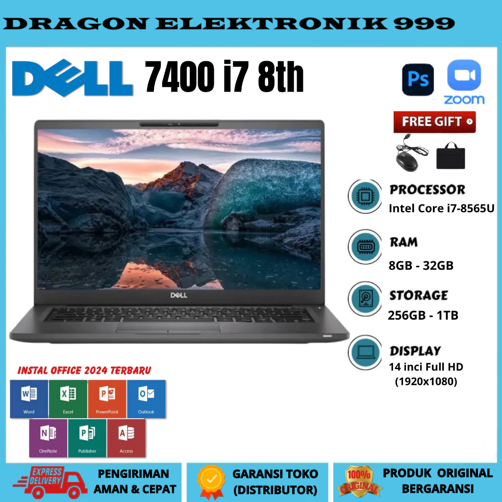Laptop Touchscreen Dell Latitude 7400 Core i7 GEN 8 RAM 16GB/SSD 1TB MULUS FREE TAS & MOUSE