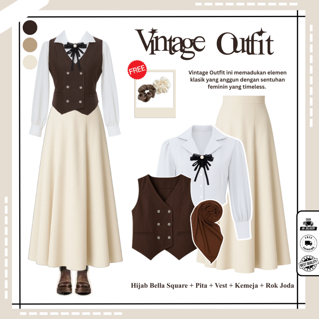 Kila Outfit Vintage ( Hijab + Vest + Pita + Kemeja + Rok Joda ) Outfit Yearbook Vintage - N66