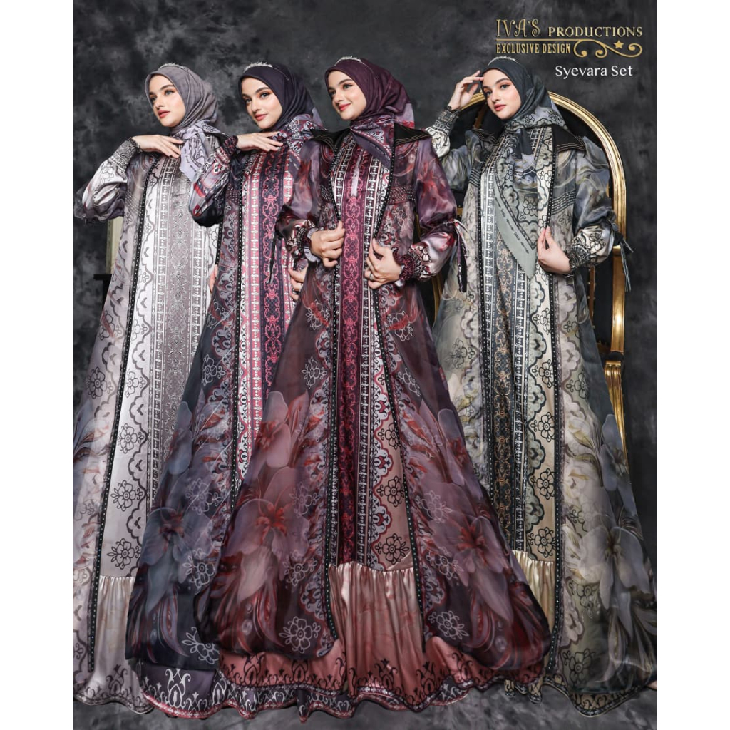 Syevara Abaya Gamis Armany Silk Outer Organza Motif Digital Printing Hijab Scraf by Ivas Production.